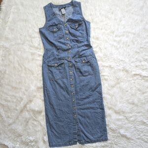 90s Vintage True Blue Denim Button Down Midi Dress Size 7/8